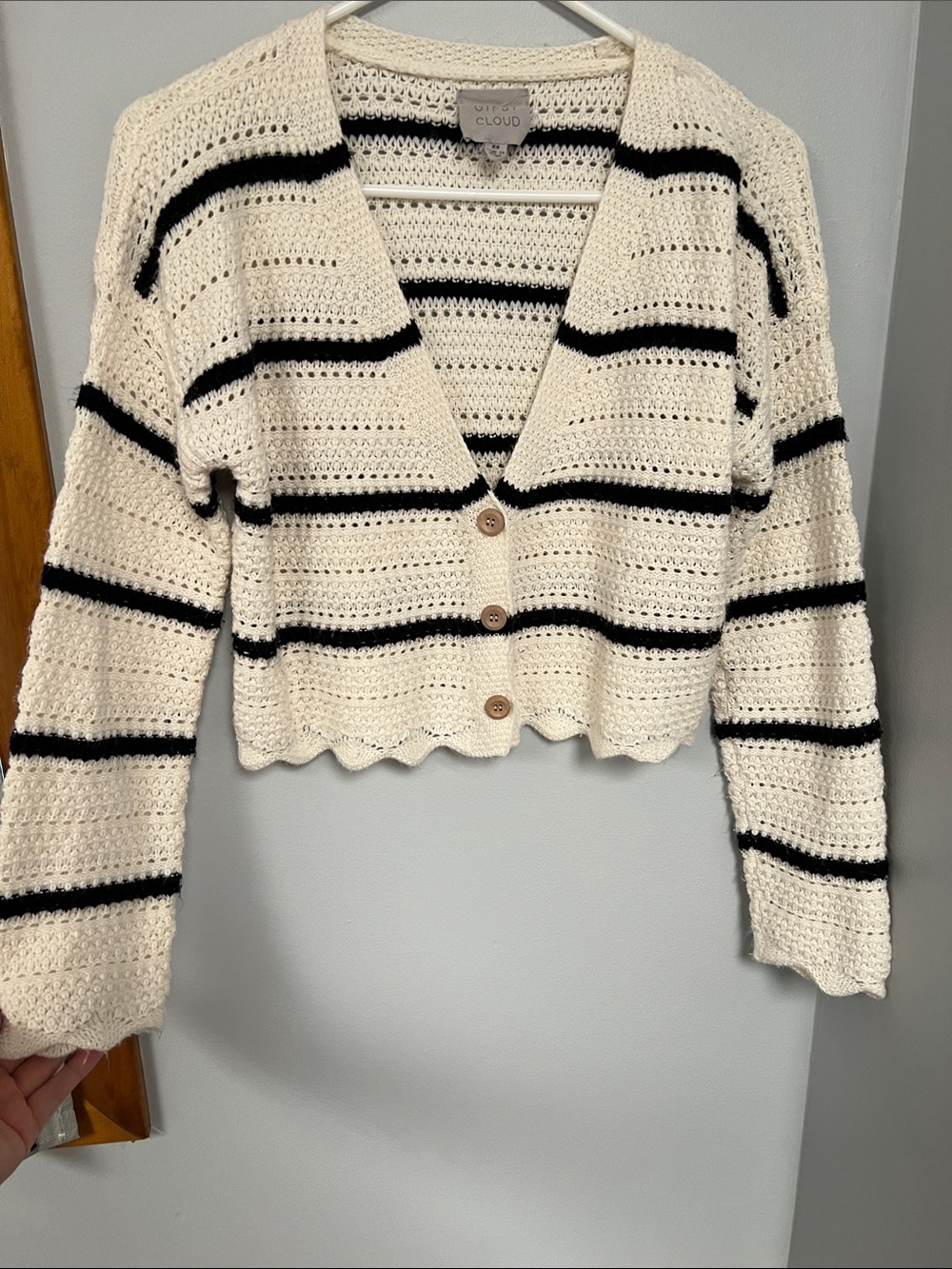 Cropped Cream & Black Striped Crochet Cardigan
